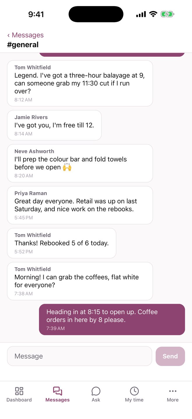 Salon HQ #general — the team covering a stylist who is running late