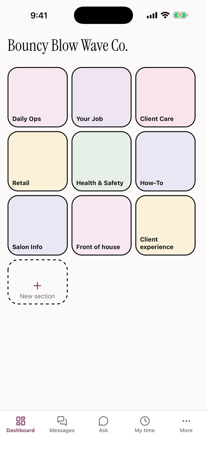 Salon HQ on iPhone — the dashboard with the salon's handbook sections