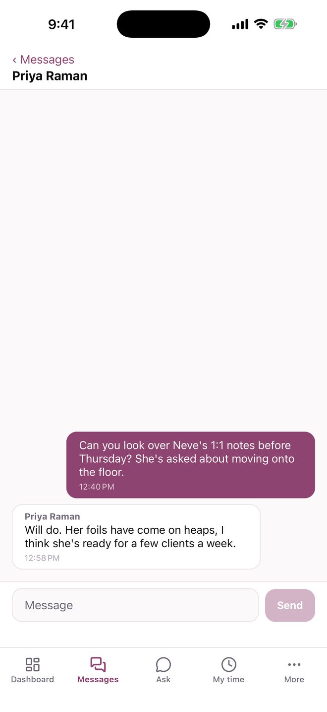 Salon HQ direct message between the owner and the salon manager
