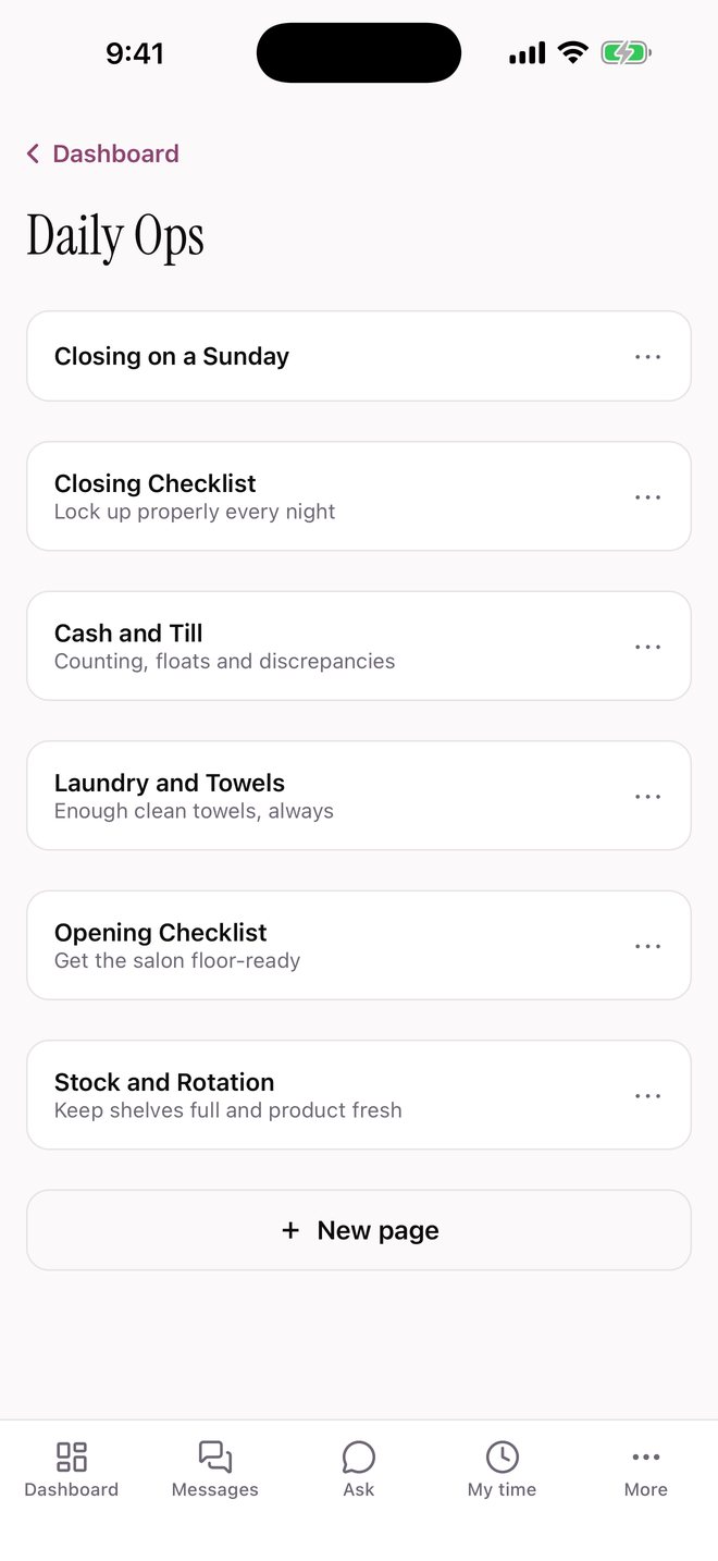 Salon HQ handbook — the Daily Ops section with checklists
