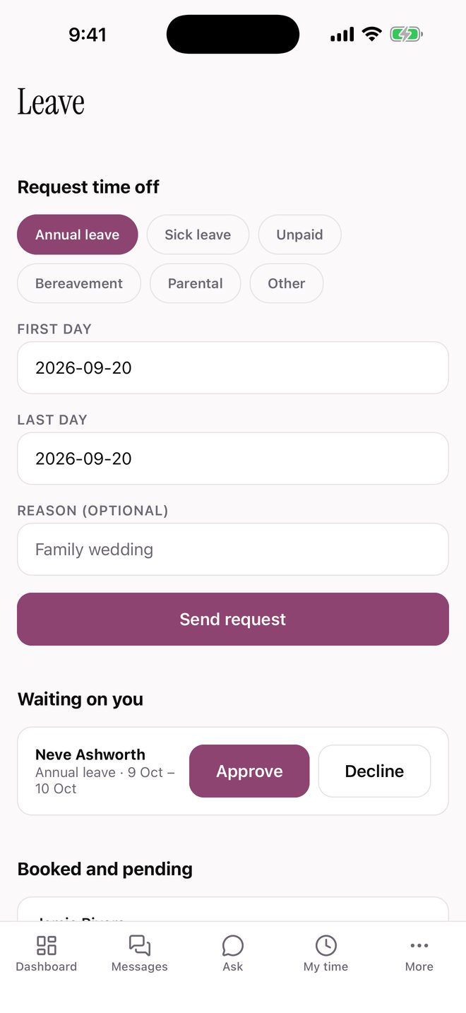Salon HQ leave — request time off, and a request waiting on the manager