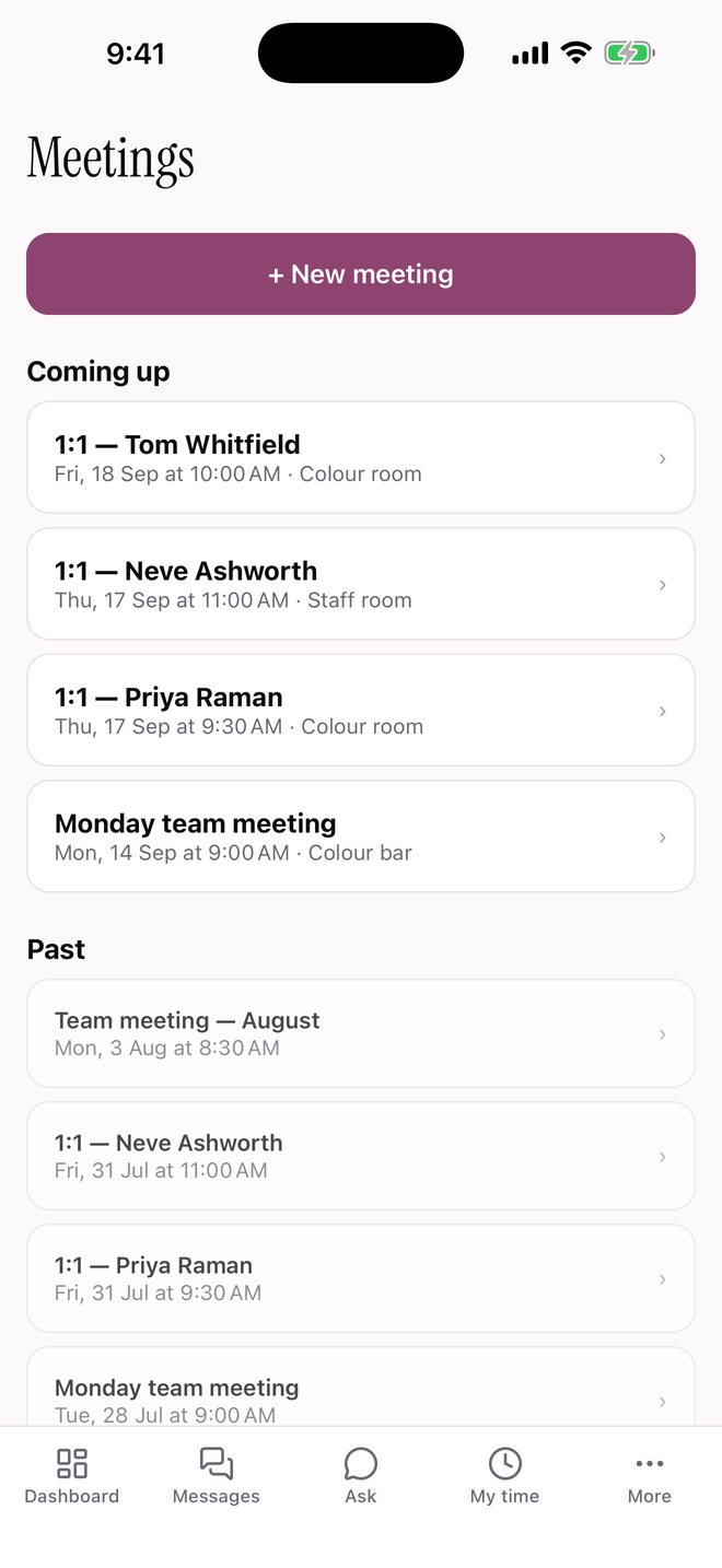 Salon HQ meetings — the team meeting and upcoming one-to-ones