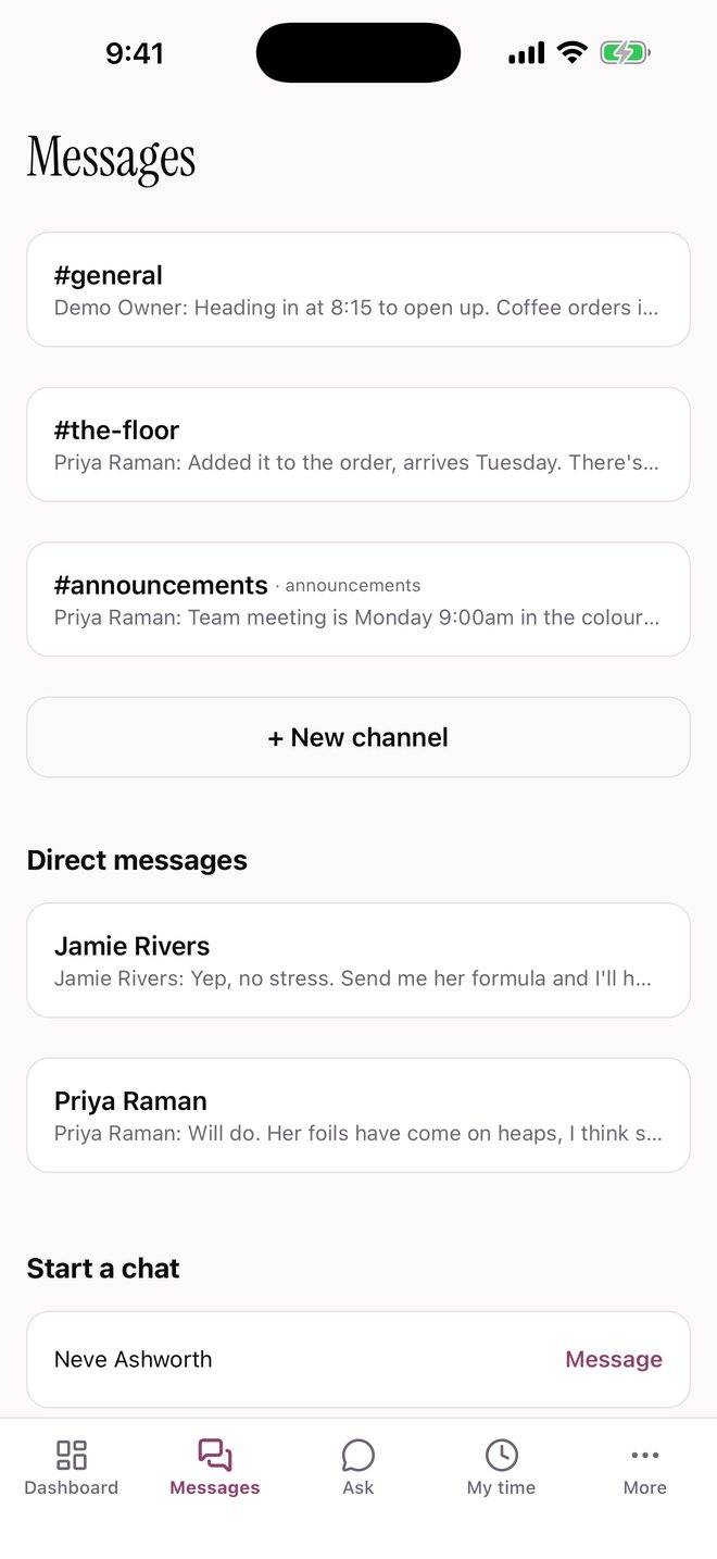 Salon HQ Messages — #general, #the-floor, #announcements and direct messages