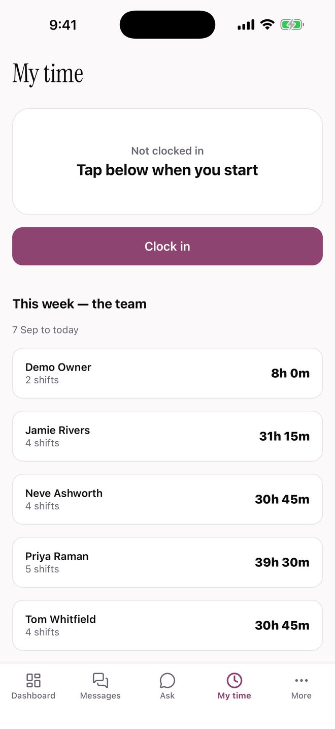 Salon HQ My time — clock in and the team's hours this week