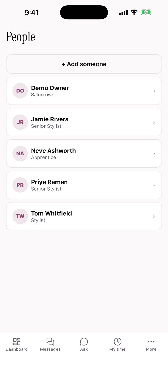 Salon HQ people — the team directory