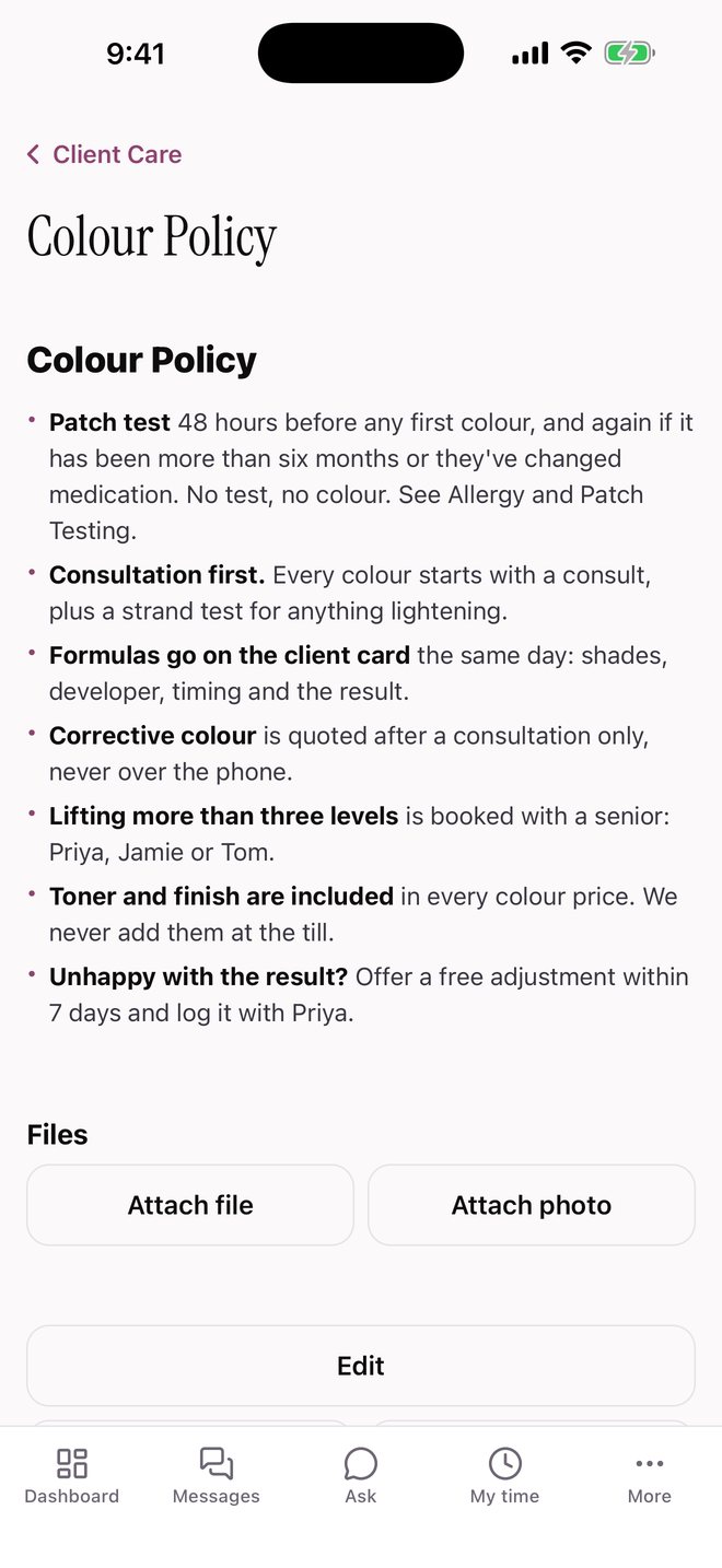 Salon HQ handbook page — the salon's colour policy