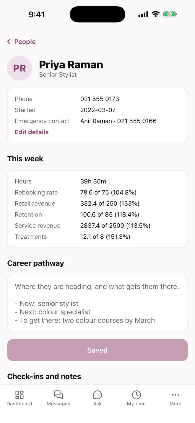 Salon HQ staff profile — contact details, this week's numbers and career pathway