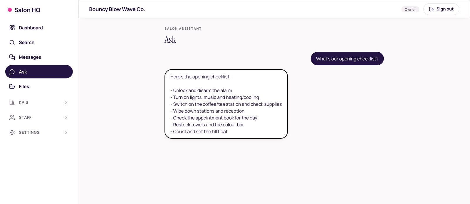 Salon HQ Ask — the assistant answering 'What's our opening checklist?' with the salon's own checklist
