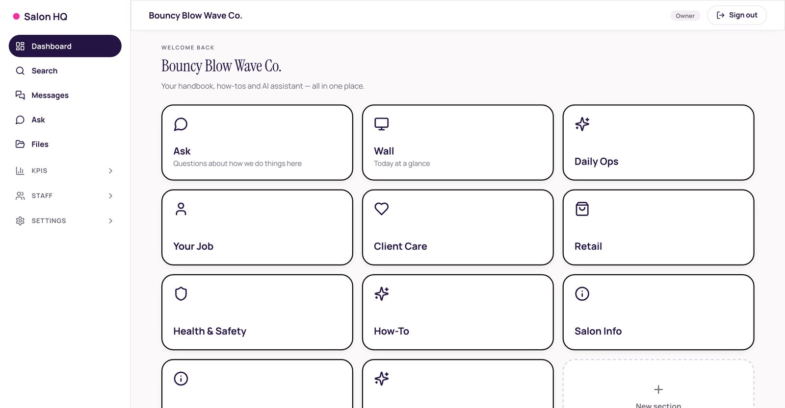 Salon HQ dashboard — handbook sections Ask, Wall, Daily Ops, Your Job, Client Care, Retail, Health & Safety, How-To, Salon Info, Front of house, Client experience