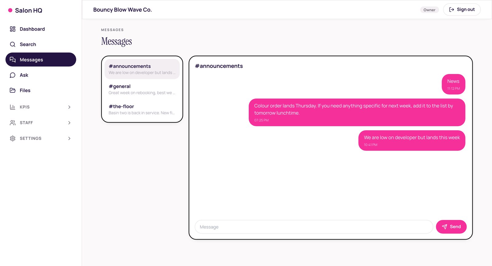 Salon HQ Messages — #announcements channel with two posts