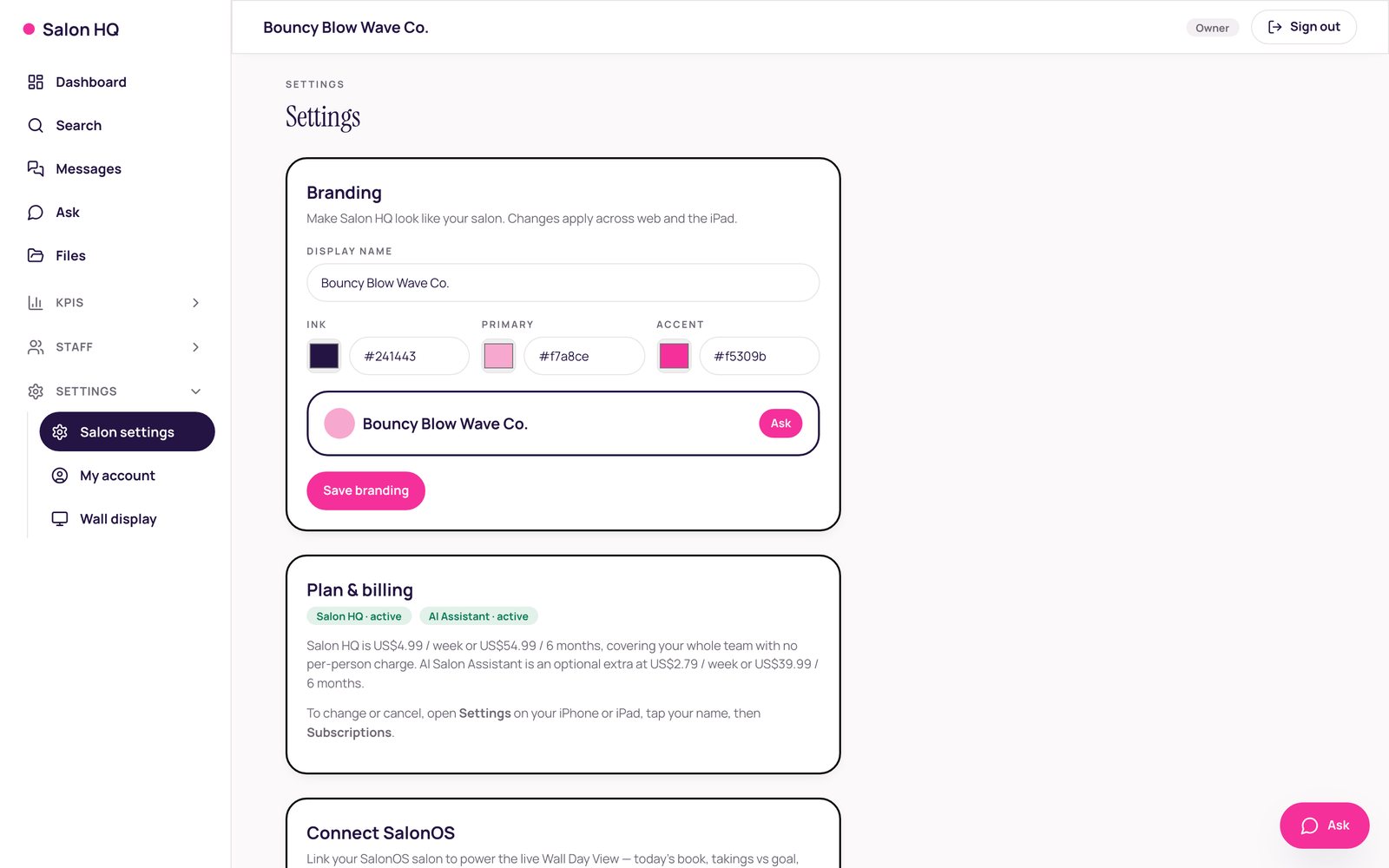 Salon HQ Settings — branding colours, plan and billing, connect SalonOS