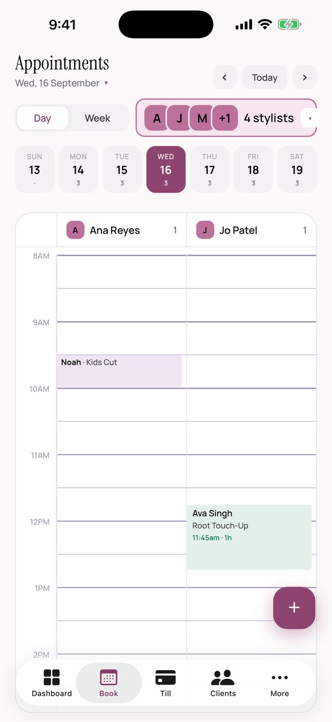 SalonOS — Day view of the appointment book for Wednesday 16 September, with bookings laid out in each stylist's column.