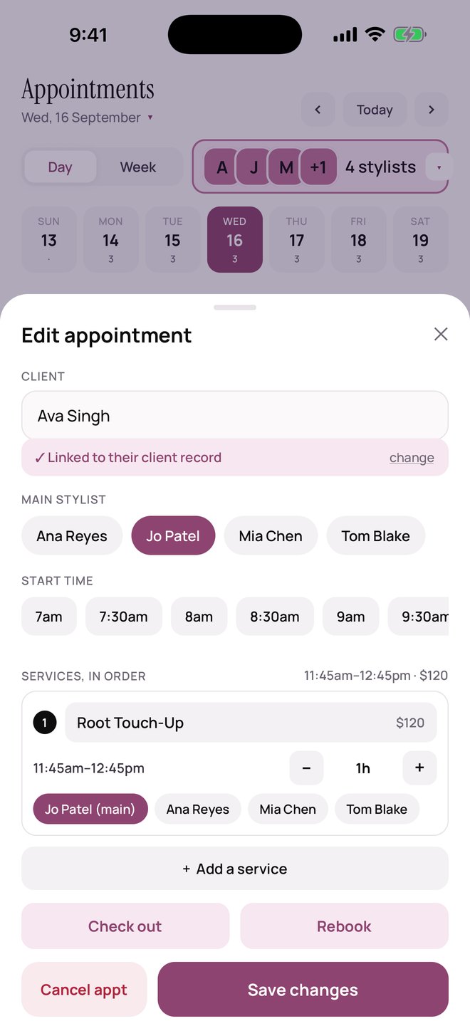 SalonOS — An appointment open for editing, showing the client, stylist, start time, service and price, with Check out and Rebook buttons.