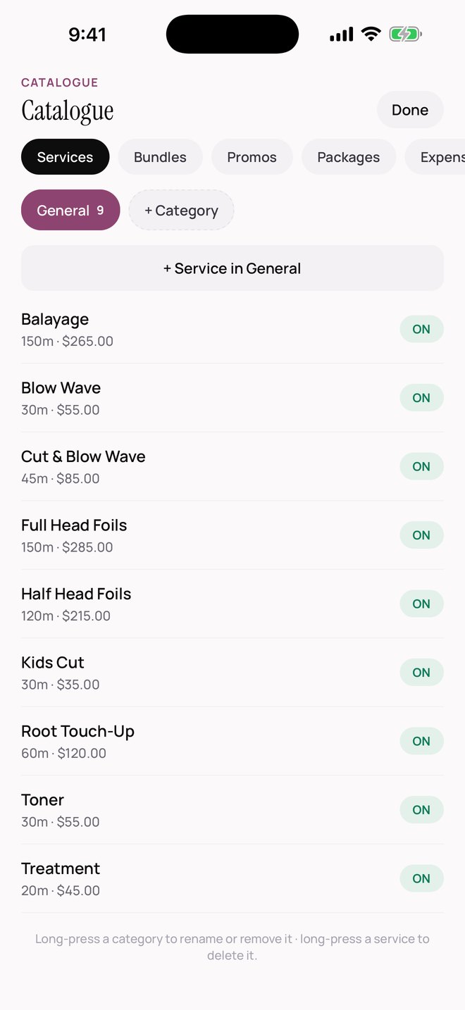 SalonOS — The service catalogue listing each service with its duration, price and an on/off switch.