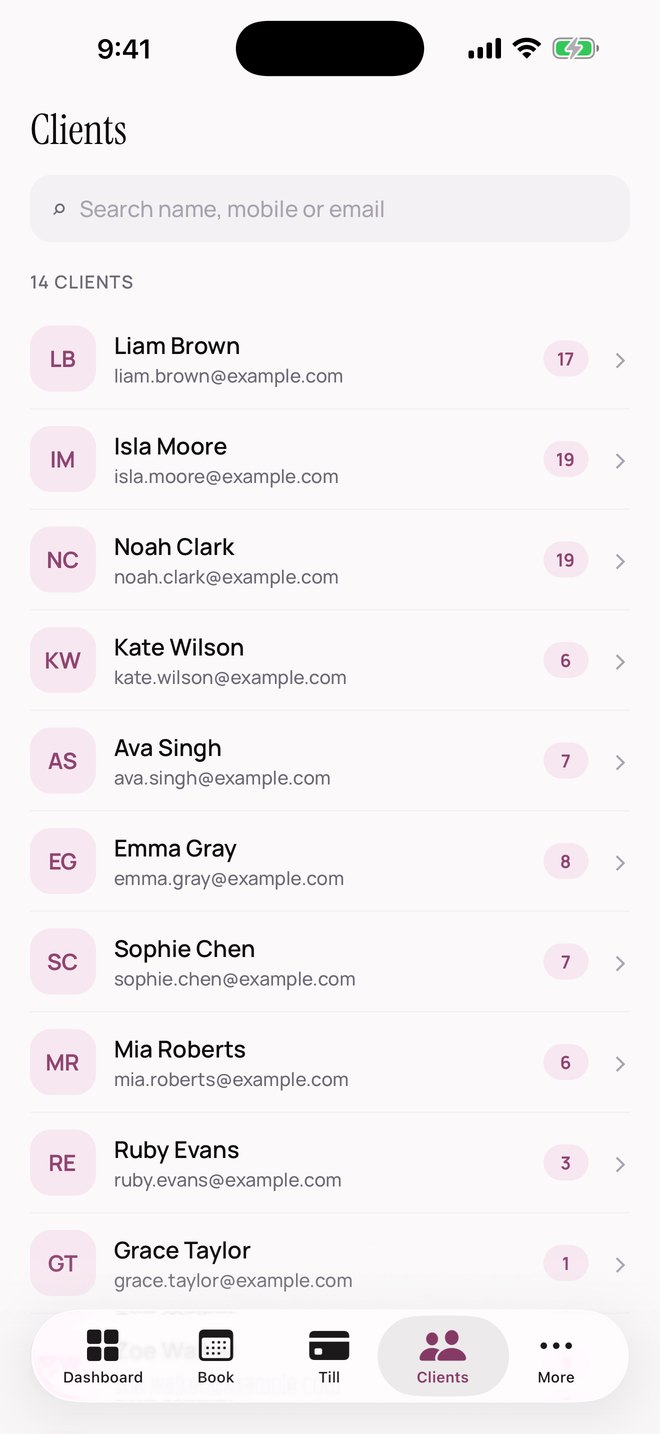 SalonOS — A searchable list of 14 clients with contact details and visit counts.