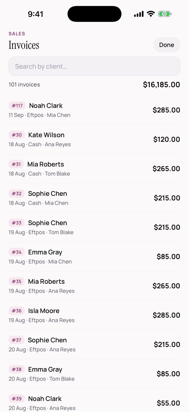 SalonOS — An invoice list of 101 sales totalling 16,185 dollars, each showing the client, date, payment method and stylist.
