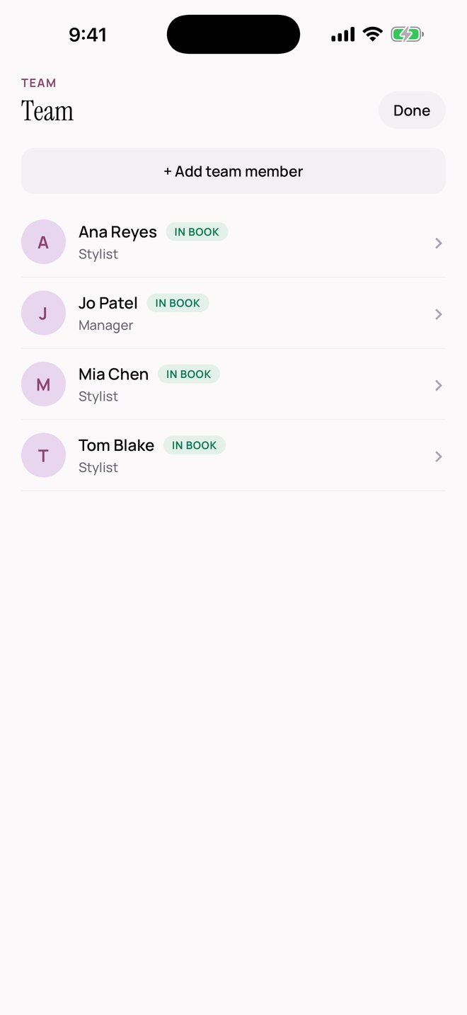 SalonOS — The team screen listing four stylists and their roles, each shown in the appointment book.