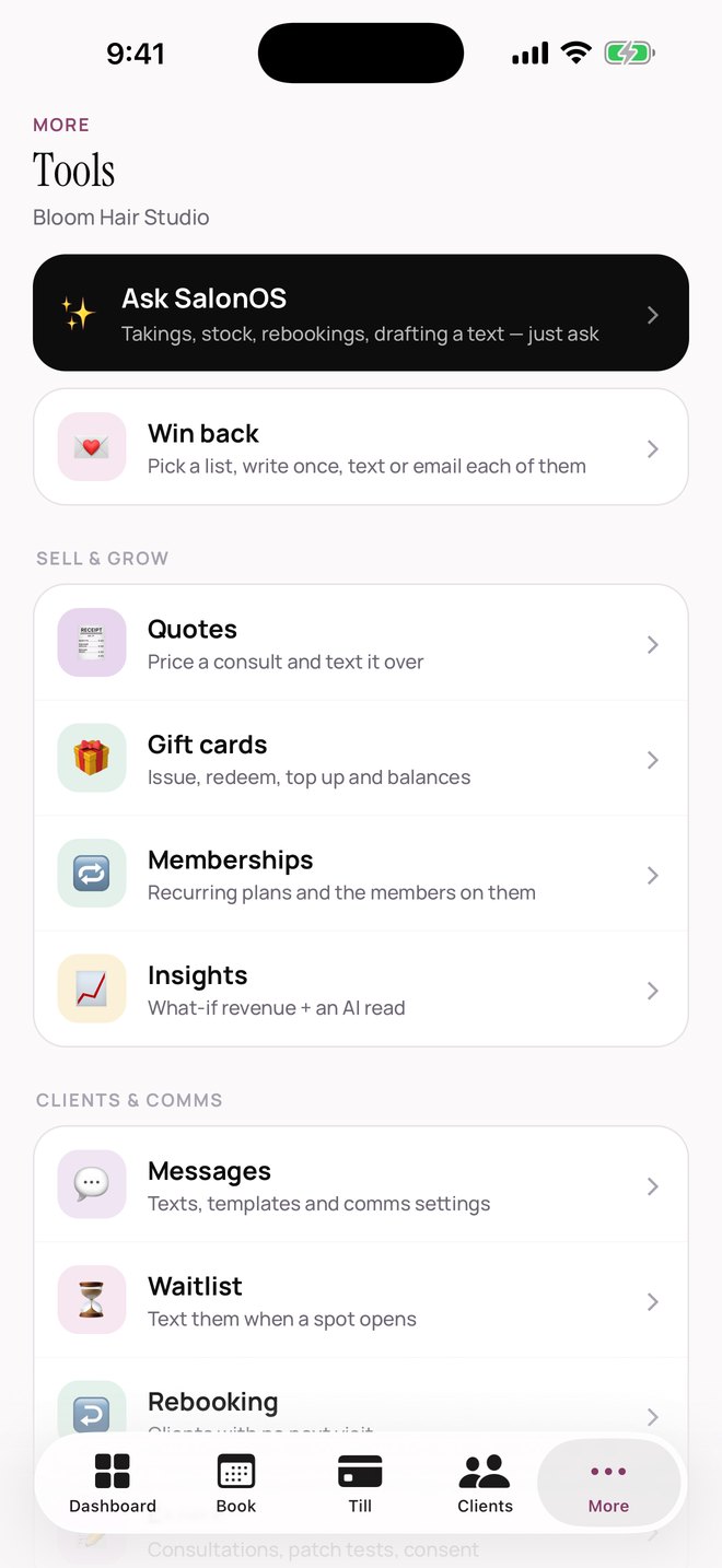 SalonOS — The tools hub with Ask SalonOS, Win back, quotes, gift cards, memberships, insights and messaging.