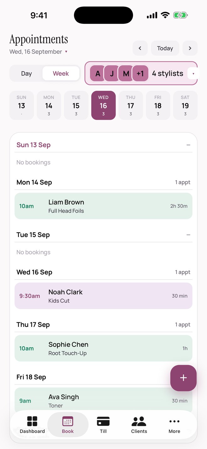 SalonOS — A week agenda listing each day's bookings with the client, service, start time and length.