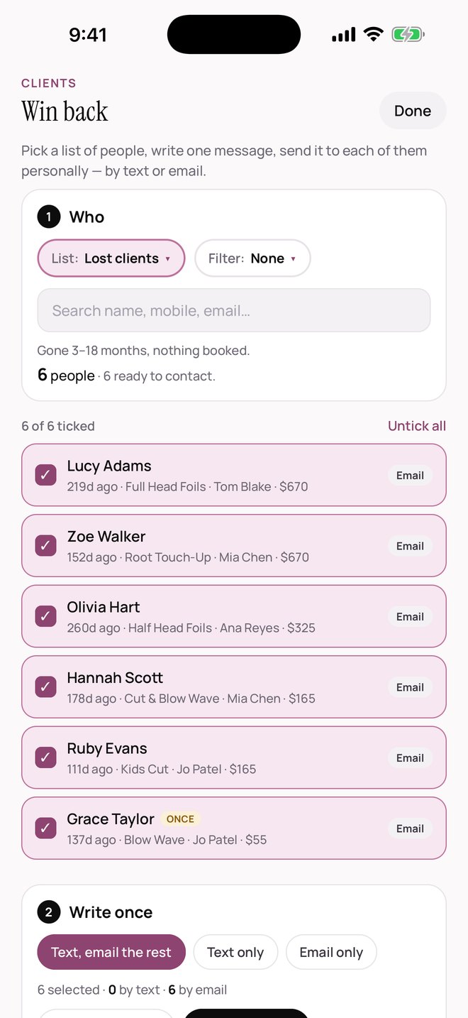 SalonOS — Lapsed clients with their last visit, service, stylist and spend, ticked and ready for one message by text or email.